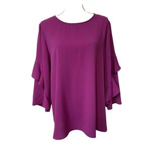 Alfani Blouse Top 3/4 Ruffle Sleeve Berry Pink Zip Back Round Neckline Size L